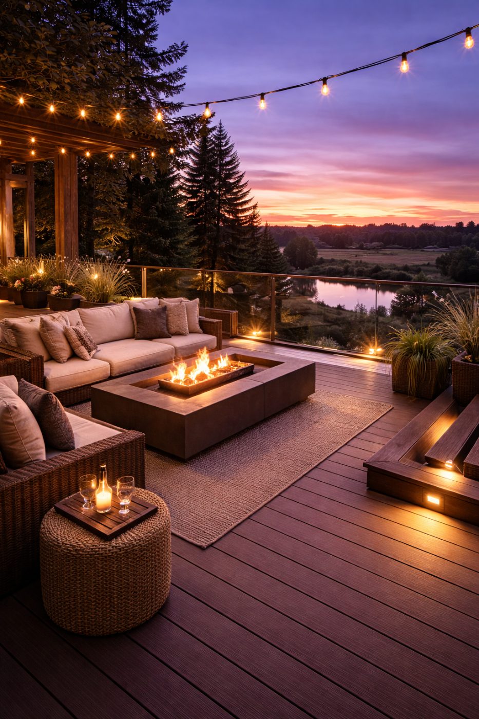 Multi-level composite deck at sunset with glass railings, a fire-table lounge and an outdoor kitchen, overlooking the foothills — custom Calgary deck builder.