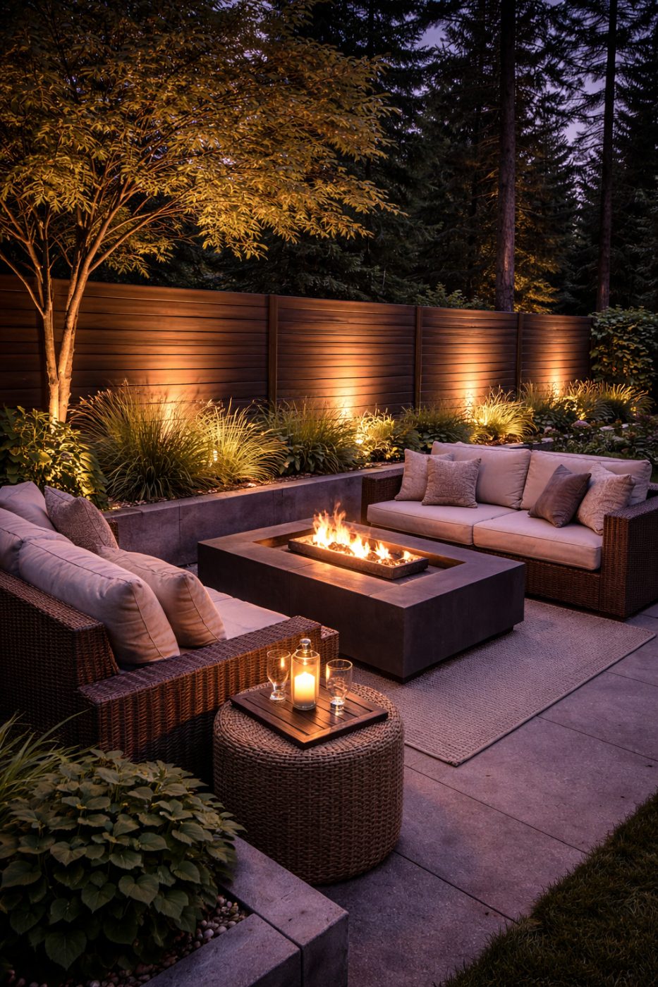 Dark horizontal composite privacy fence with warm uplighting enclosing a landscaped Calgary garden at dusk — architectural perimeter and privacy fence builder.